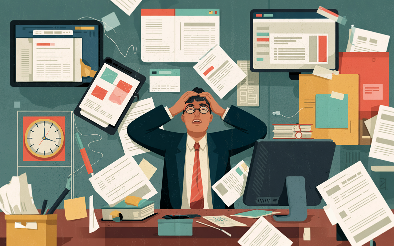 Professional organizing documentation in a digital workspace with information flowing directly to team members