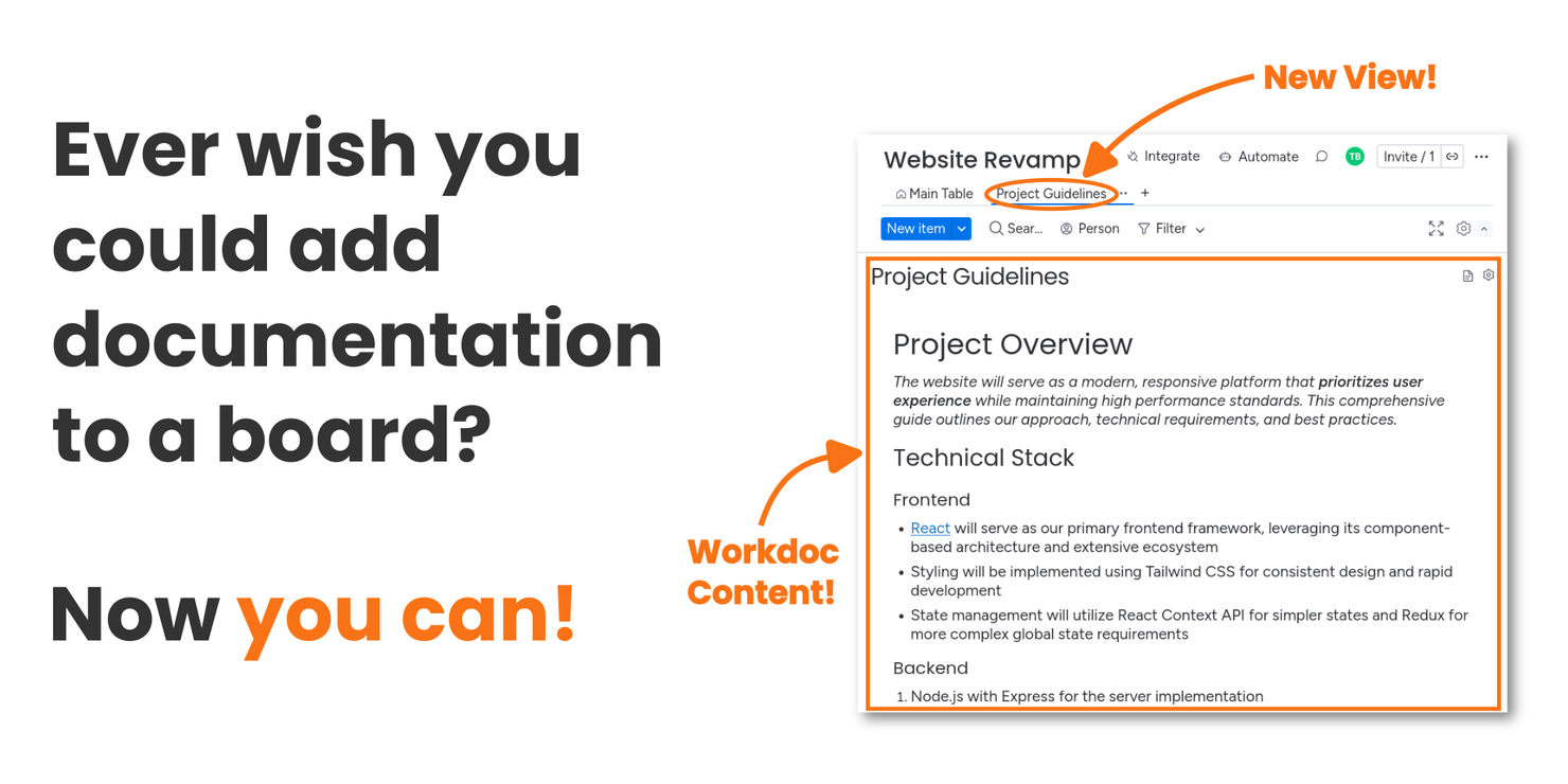Add docs about your board to a view! Add workdocs to a monday.com board view