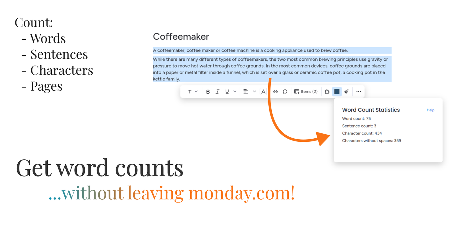 Get fast word counts Get fast word counts for monday.com Workdocs