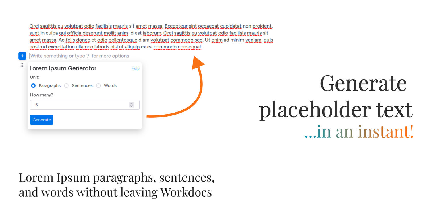 Generate placeholder Lorem Ipsum text Generate placeholder Lorem Ipsum text for monday.com Workdocs